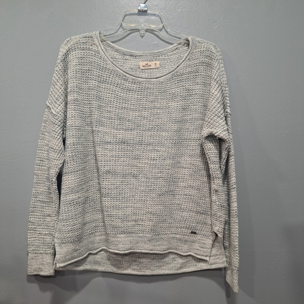 Hollister Womens Waffle Knit Sweater Gray Marled‎ Crew Neck High Low Hem Size M